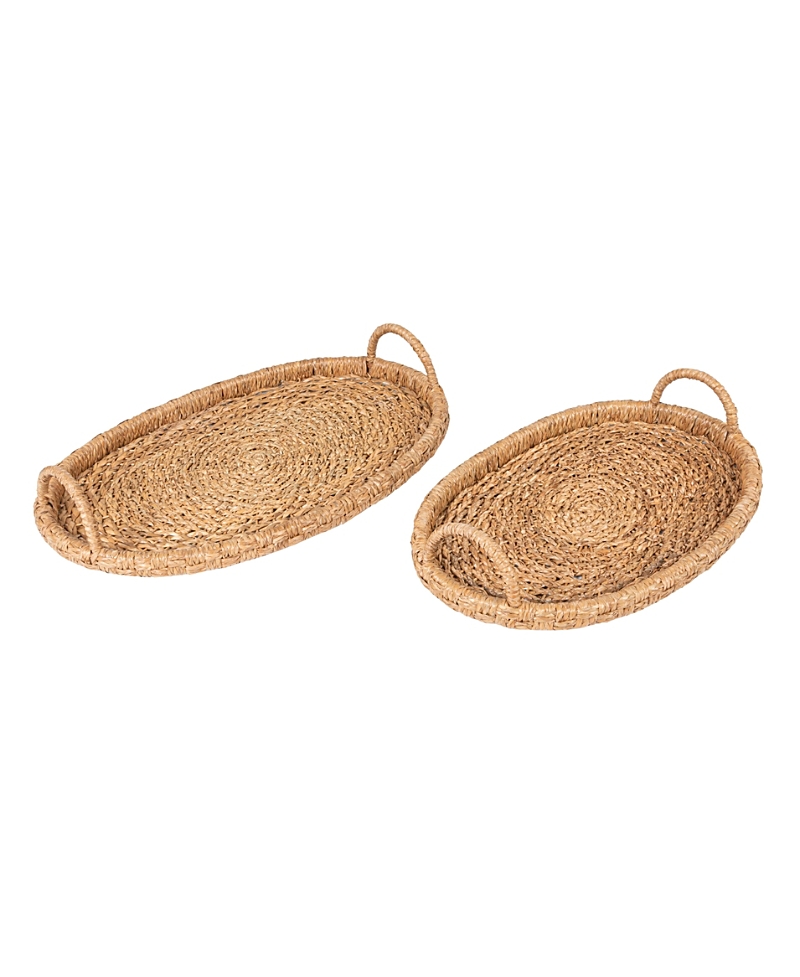 Olive Grove Decorative Handwoven Oval Seagrass & Rattan Trays with Handles, Set of 2 Sizes