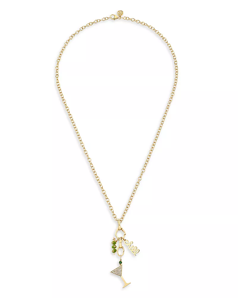 Sydney Evan 14K Yellow Gold Confetti Disco Emerald, Orange Sapphire, & Diamond Martini Chill Multi Charm Pendant Necklace, 18