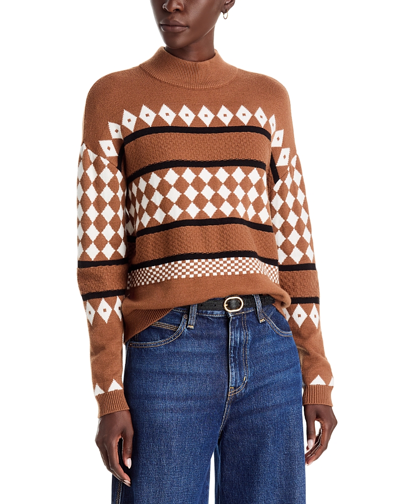 T Tahari Checkered Fair Isle Mock Neck Sweater