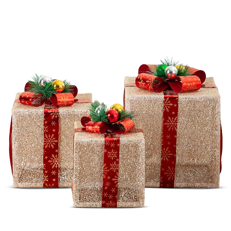 Nearly Natural Christmas Gift Boxes with Led Lights and Festive Toppers, Set of 3