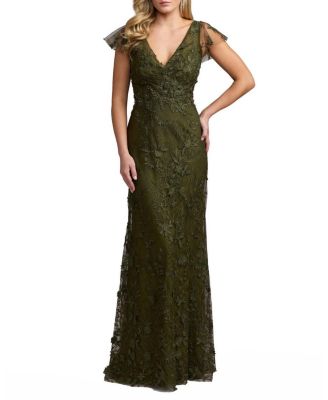  Embroidered Applique Wrap Over Flutter Sleeve Gown