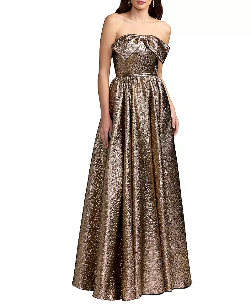 Mac Duggal Strapless Metallic Gown With Bow Detail