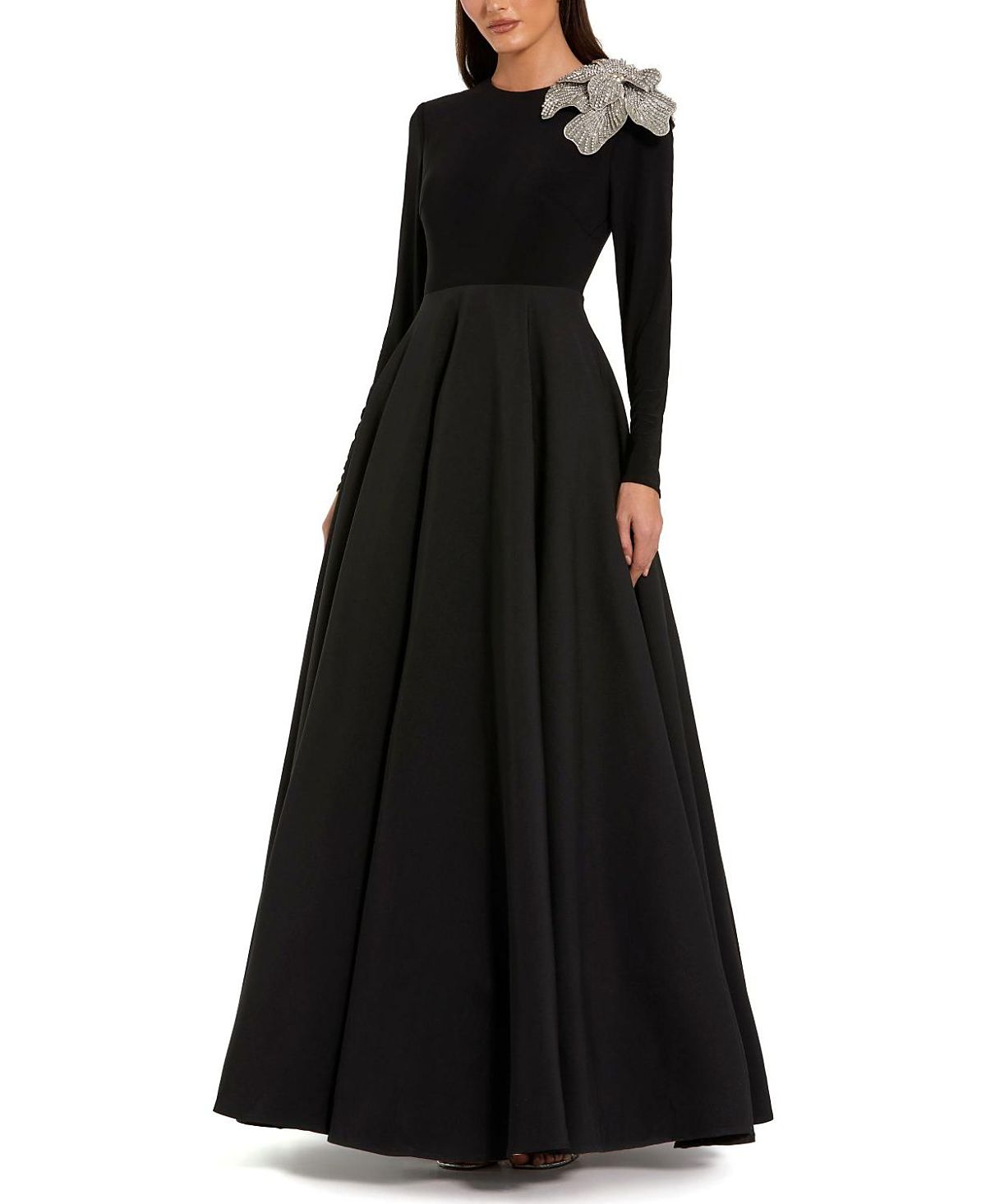 Mac Duggal Petite Long Sleeve Jersey And Taffeta Flower Gown