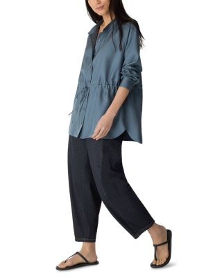 Silk Mandarin Collar Tie Waist Shirt - thumbnail 2