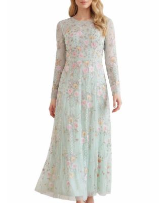 Needle & Thread Garden Rose Long Sleeve Maxi Gown In Sea Mist/pastel Mint