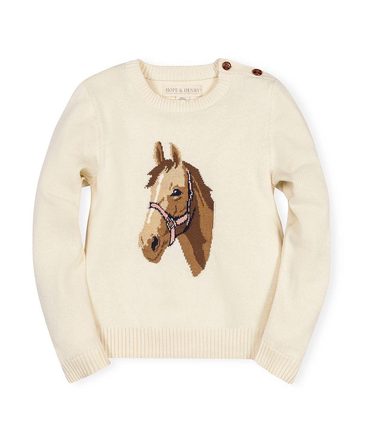 Hope & Henry Girls' Organic Horse Intarsia Sweater with Elbow Patches - Little Kid, Big Kid