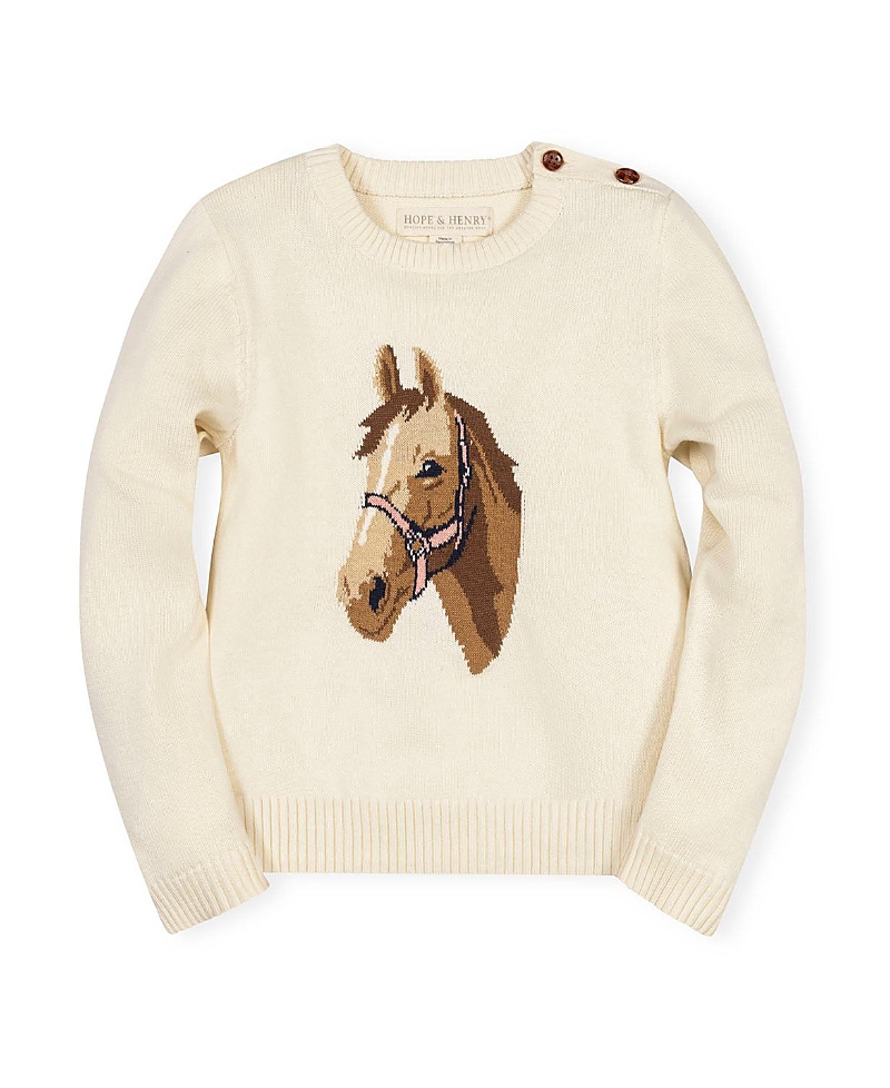 Hope & Henry Girls' Organic Horse Intarsia Sweater with Elbow Patches - Little Kid, Big Kid