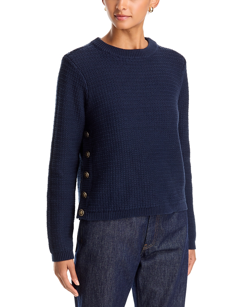 Single Thread Textured Crewneck Side Button Sweater In Blue