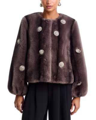 Pearl Drop Rhinestone Embellished Faux Fur Coat