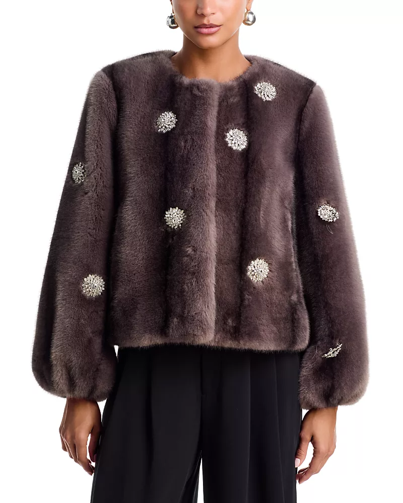 Cinq a Sept Pearl Drop Rhinestone Embellished Faux Fur Coat