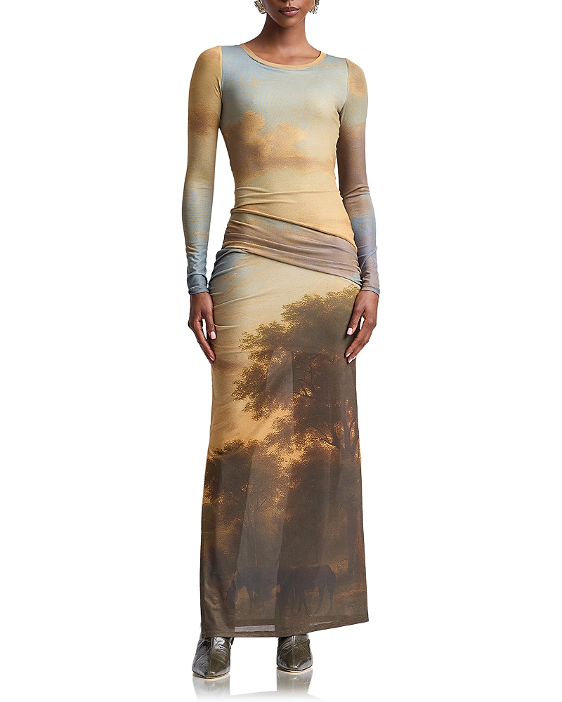 Avec Les Filles Landscape Mural Shirred Waist Maxi Dress