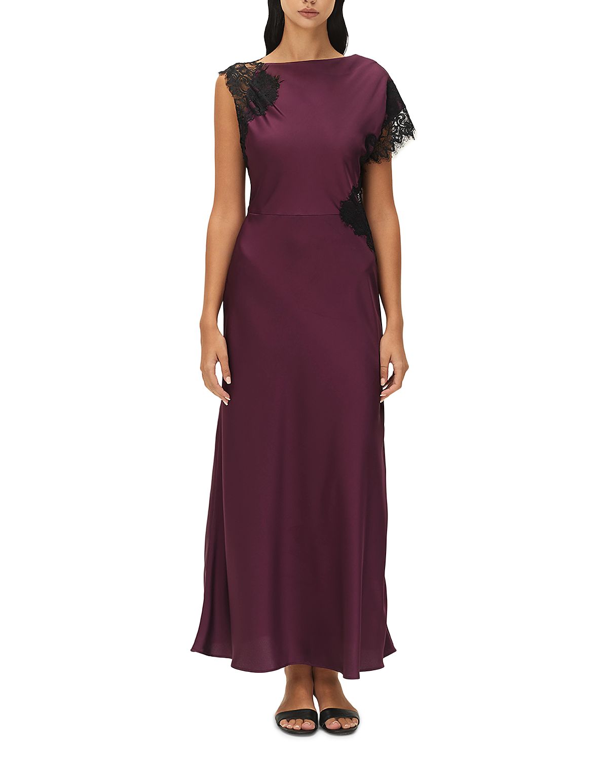 Elodie The Label Maris Satin Lace Trim Asymmetric Dress