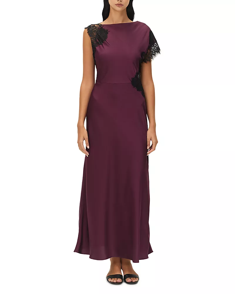 Elodie The Label Maris Satin Lace Trim Asymmetric Dress