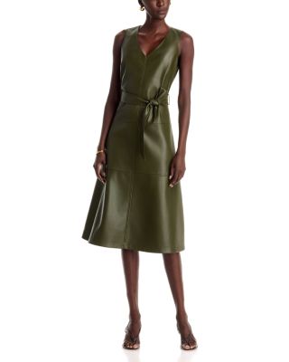 Faux Leather V Neck Midi Dress