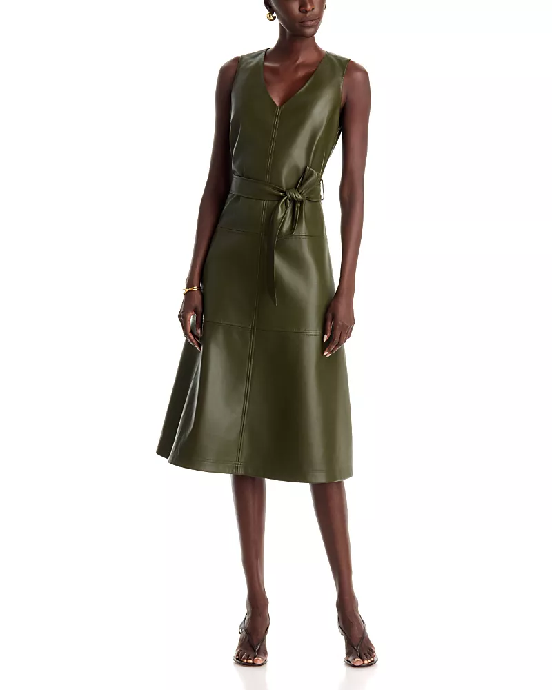 T Tahari Faux Leather V Neck Midi Dress