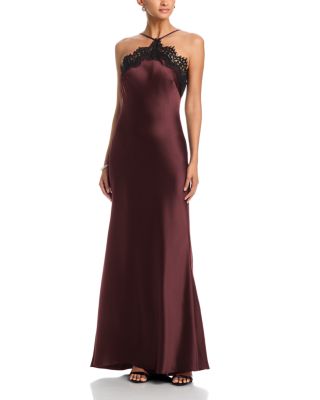 Long Satin Lace Trim Bias Gown - Exclusive