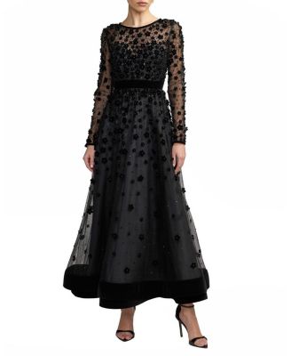 Mac Duggal Embellished Illusion Neck Long Sleeve Ankle Dress
