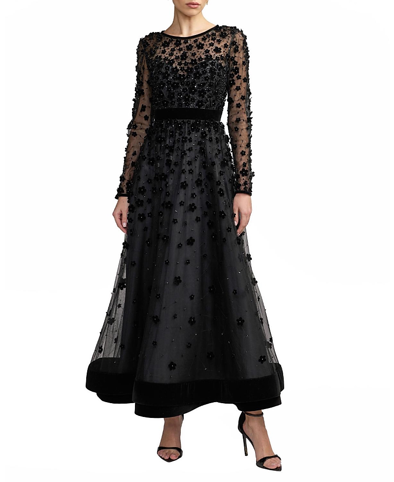 Mac Duggal Embellished Illusion Neck Long Sleeve Ankle Dress