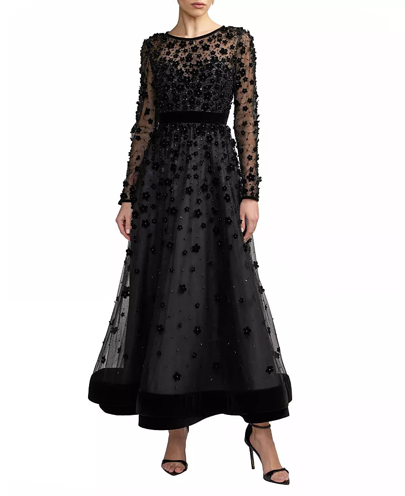 Mac Duggal Embellished Illusion Neck Long Sleeve Ankle Dress