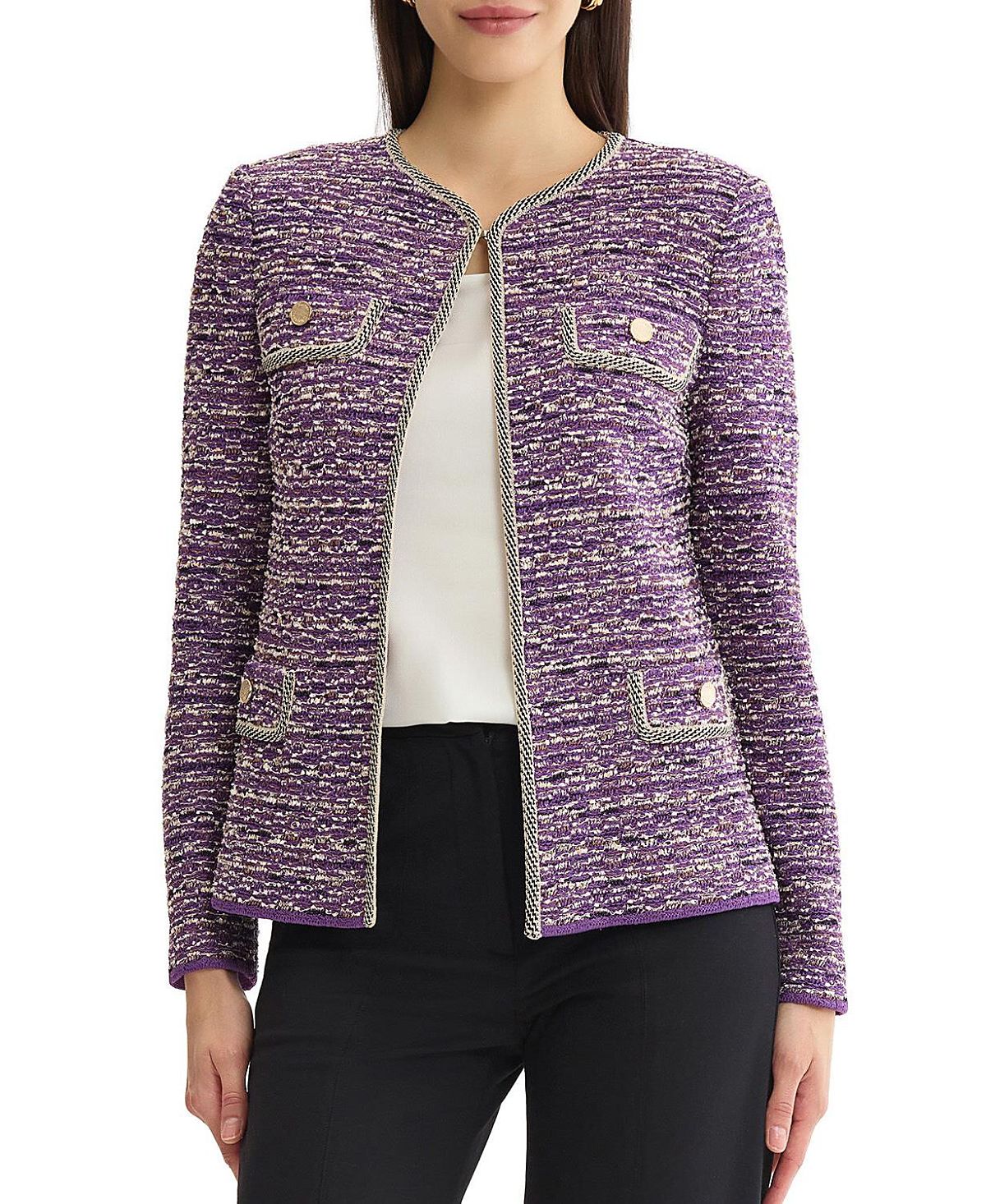 Misook Relaxed Lurex Eyelash Ribbon Knit Jacket