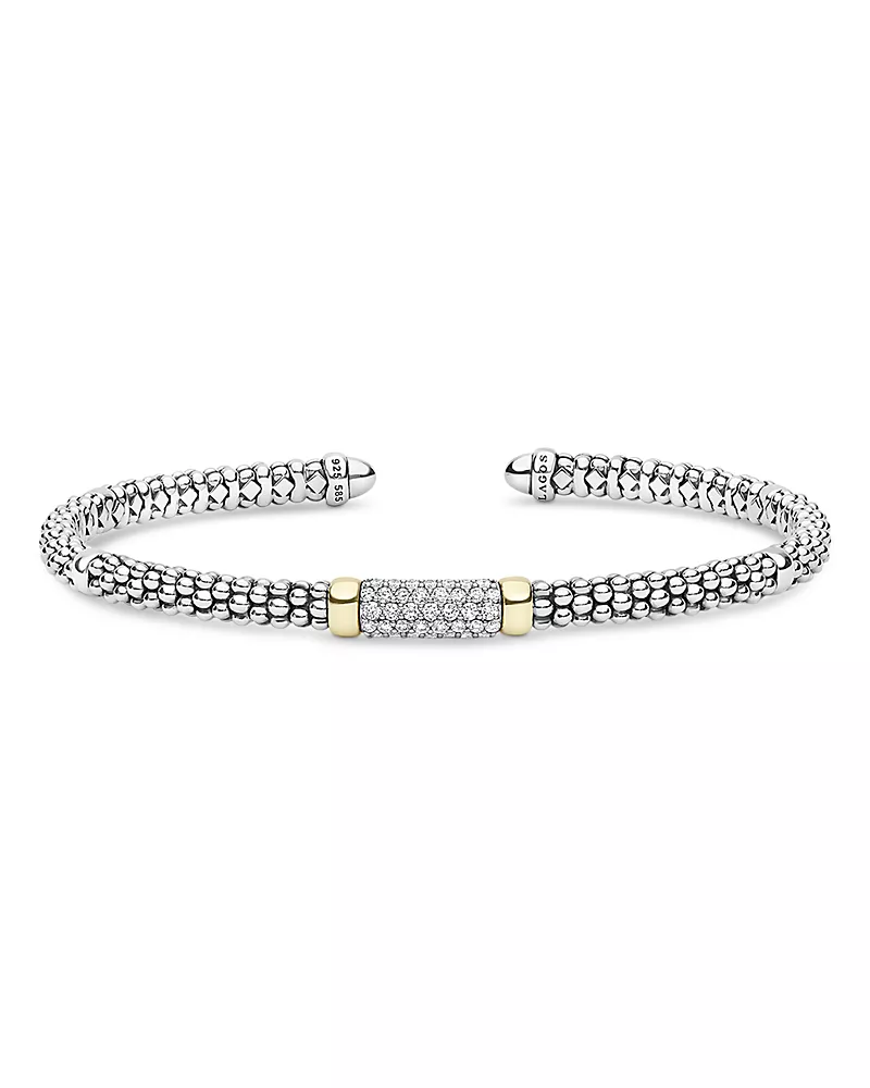 Lagos 14K Yellow Gold & Sterling Silver Signature Caviar Diamond Bead Cuff Bracelet, 0.28 tcw