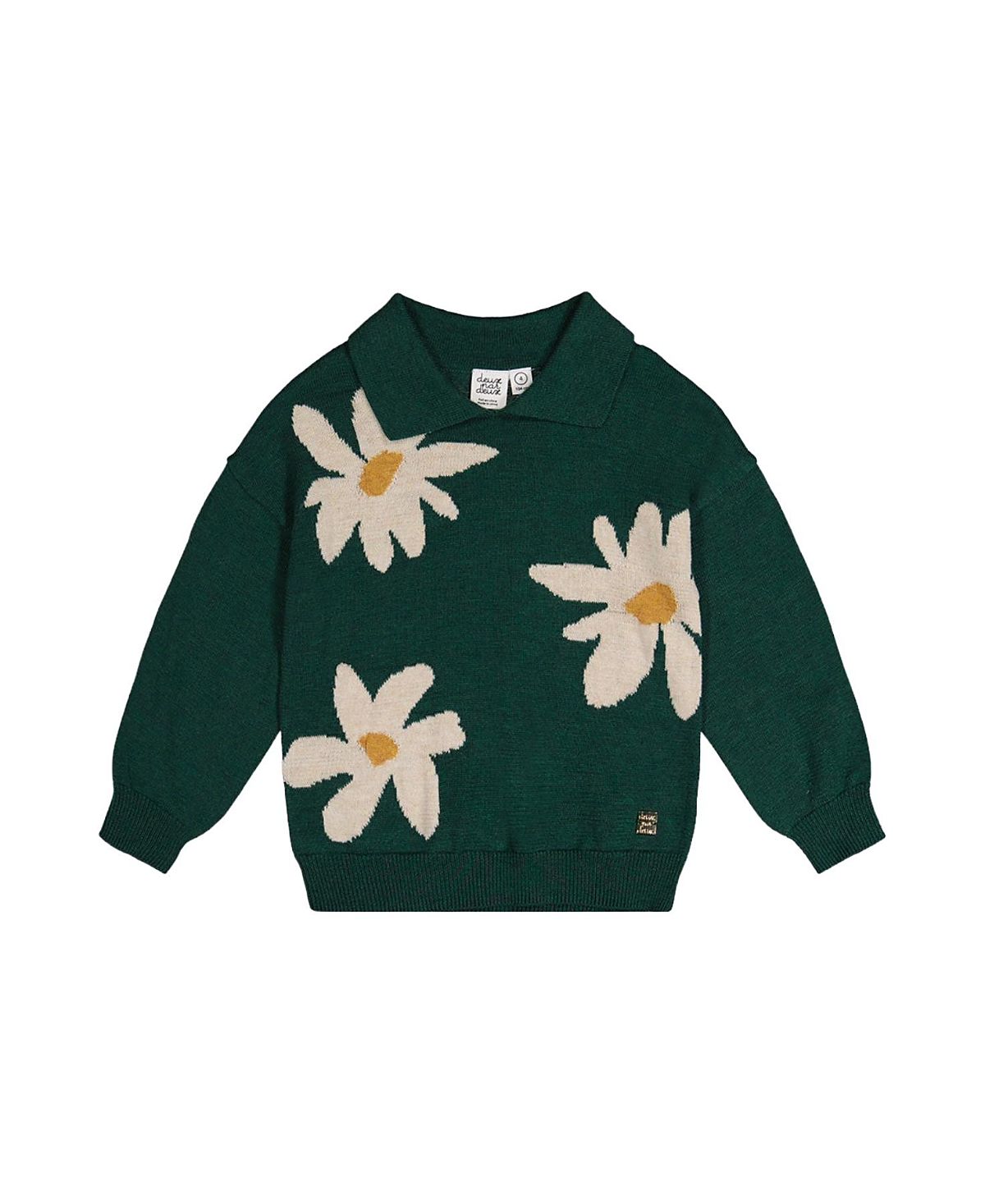 Deux par Deux Girls' Knitted Daisy Jacquard Shirt Collar Sweater - Big Kid