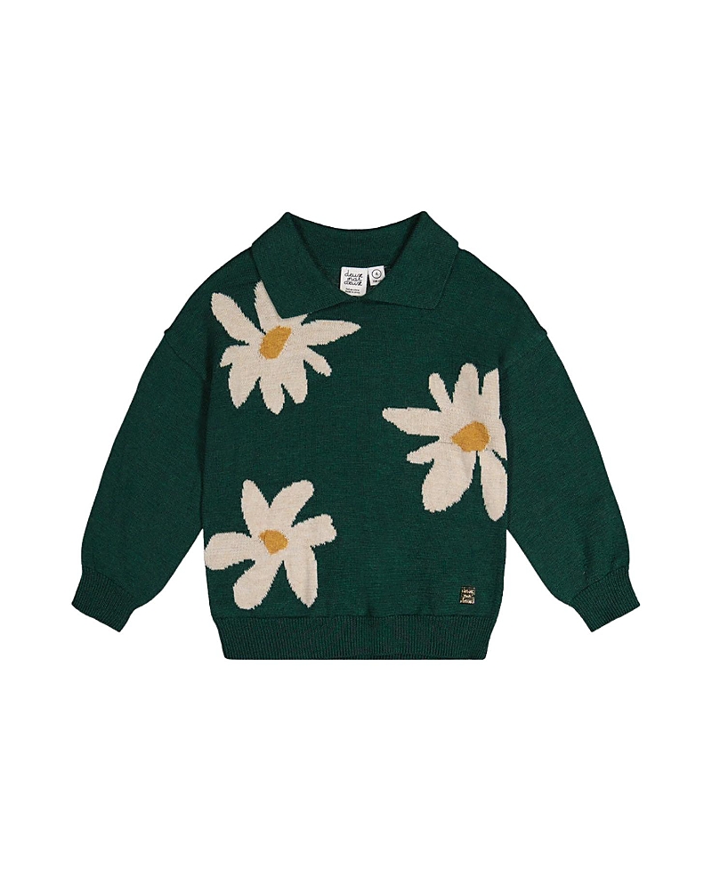 Deux par Deux Girls' Knitted Daisy Jacquard Shirt Collar Sweater - Big Kid