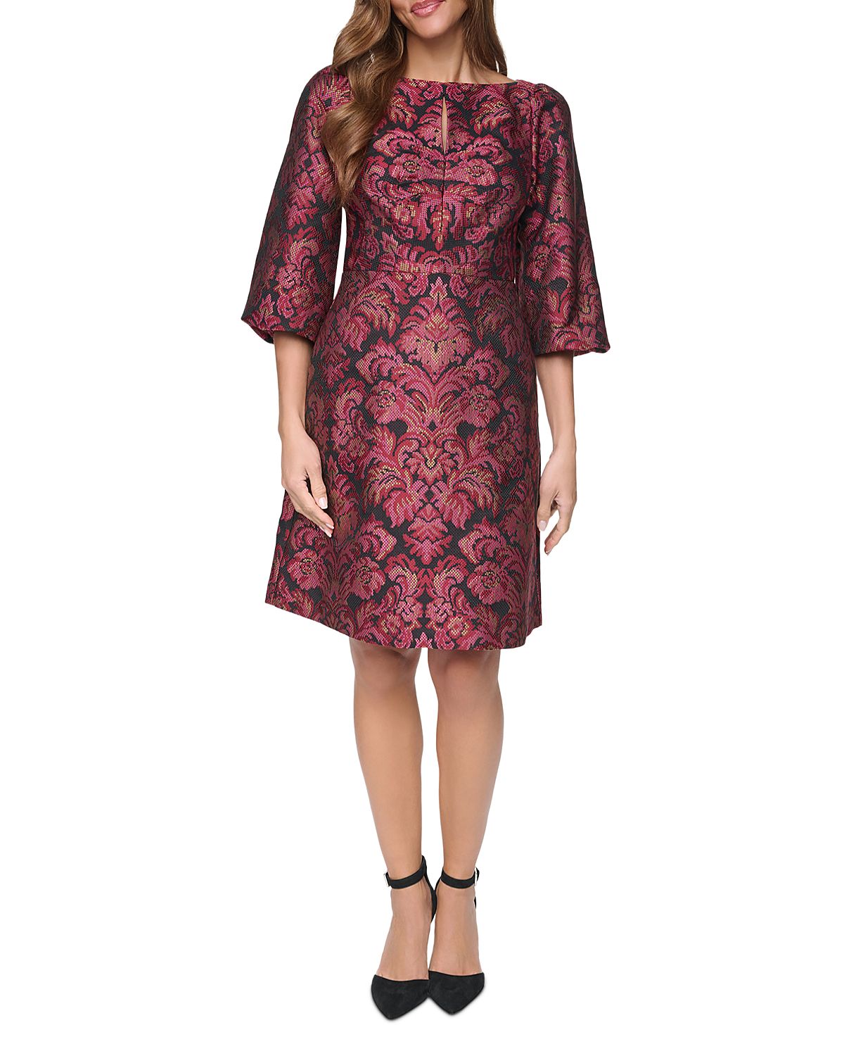 Eliza J Printed Ruched Front Balloon Sleeve A Line Dress