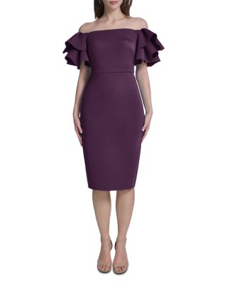 Off-The-Shoulder Ruffle Sleeve Sheath Dress