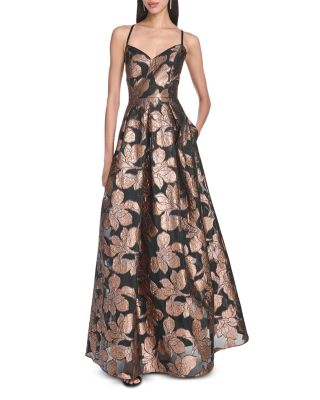 Metallic Jacquard V Neck Ball Gown