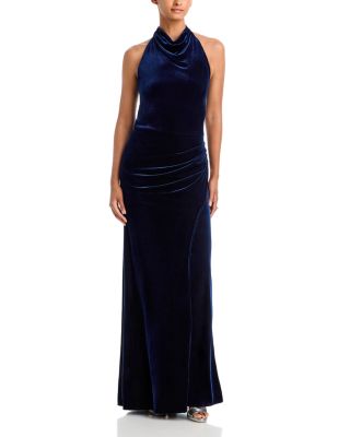 Drape Halter Ruched Back Velvet Gown - Exclusive 