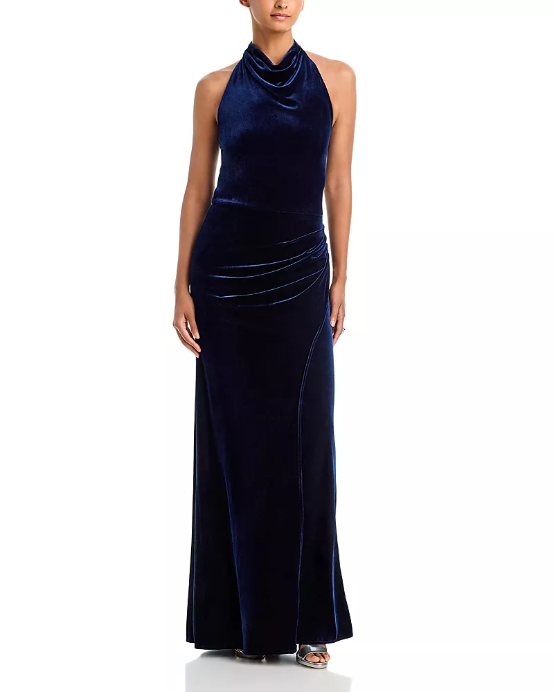 Aqua Drape Halter Ruched Back Velvet Gown - Exclusive