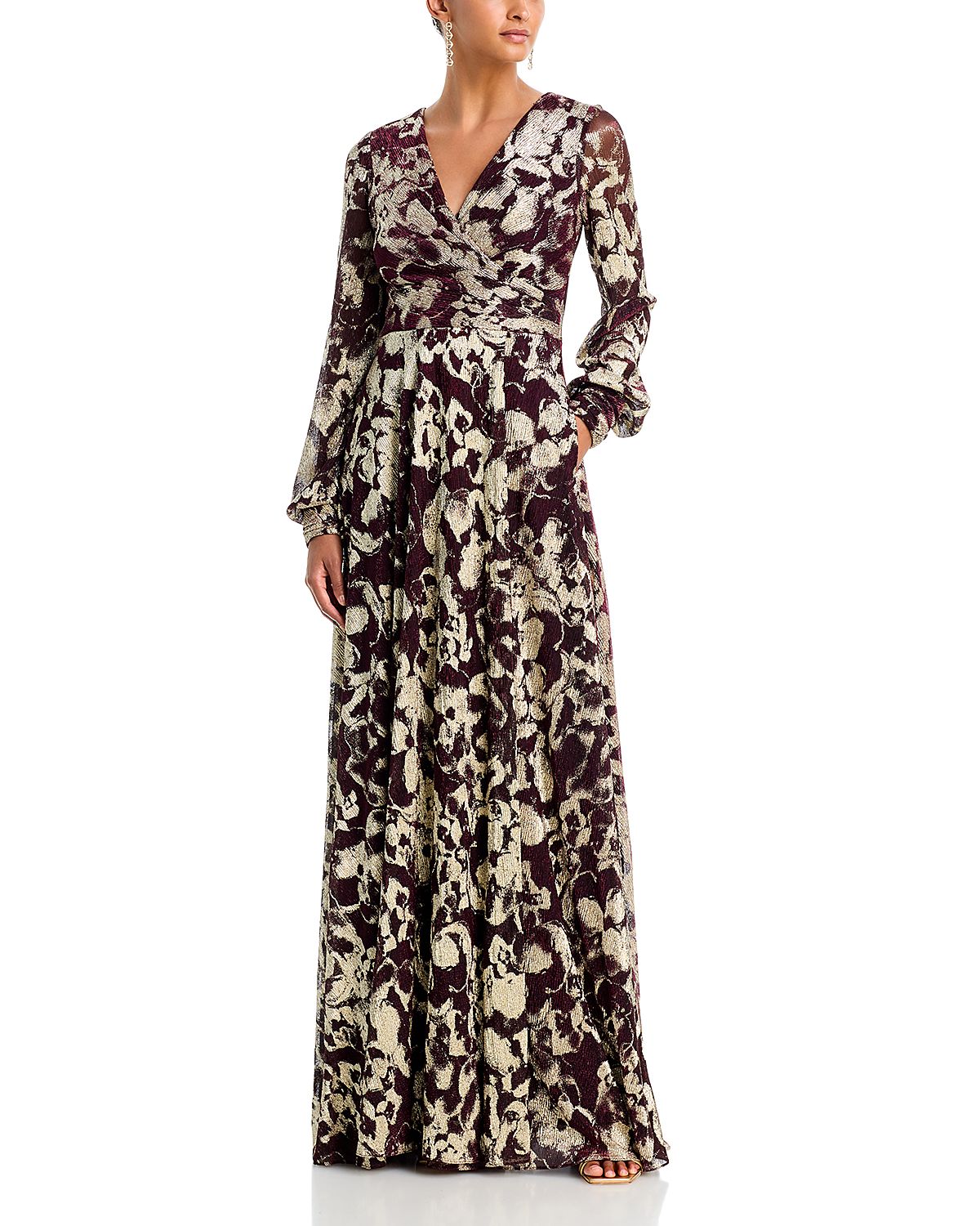 Aqua Foil Crinkle V Neck Long Sleeve Dress - Exclusive