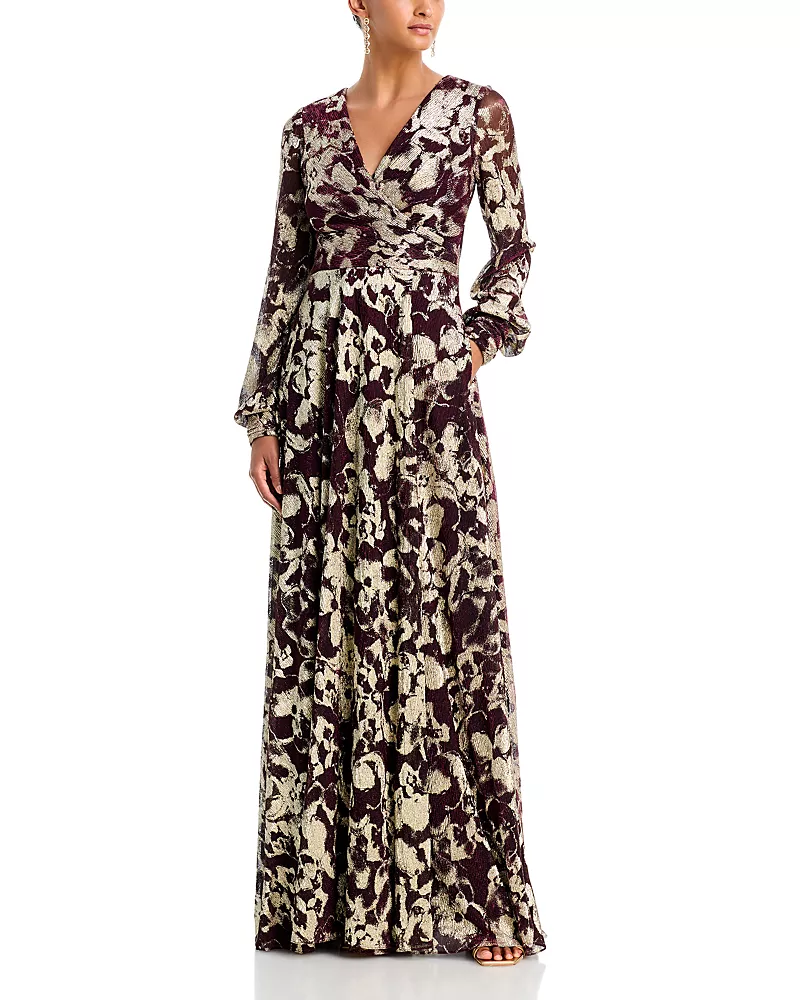 Aqua Foil Crinkle V Neck Long Sleeve Dress - Exclusive