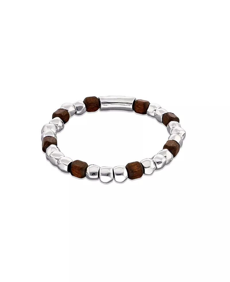 UNOde50 Elastic Bracelet with Beads Plated in Sterling Silver and Wooden Beads