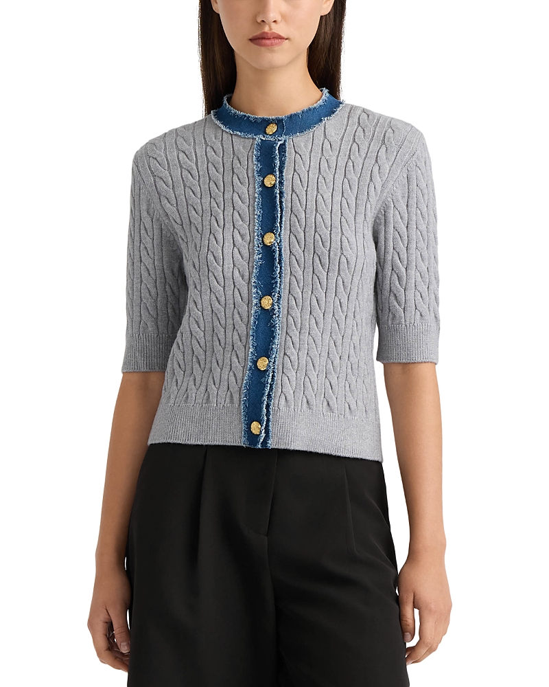 Nvlt Denim Trim Cable Knit Short Sleeve Sweater