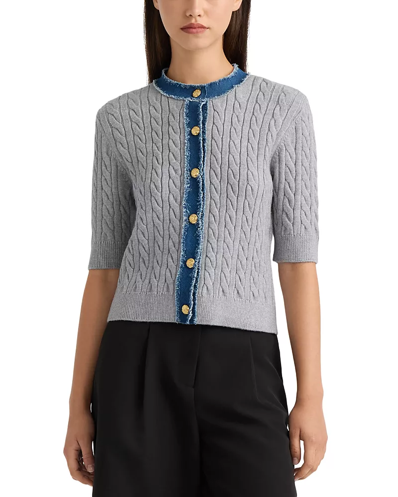 Nvlt Denim Trim Cable Knit Short Sleeve Sweater