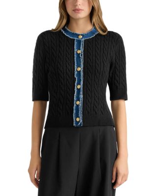Denim Trim Cable Knit Short Sleeve Sweater