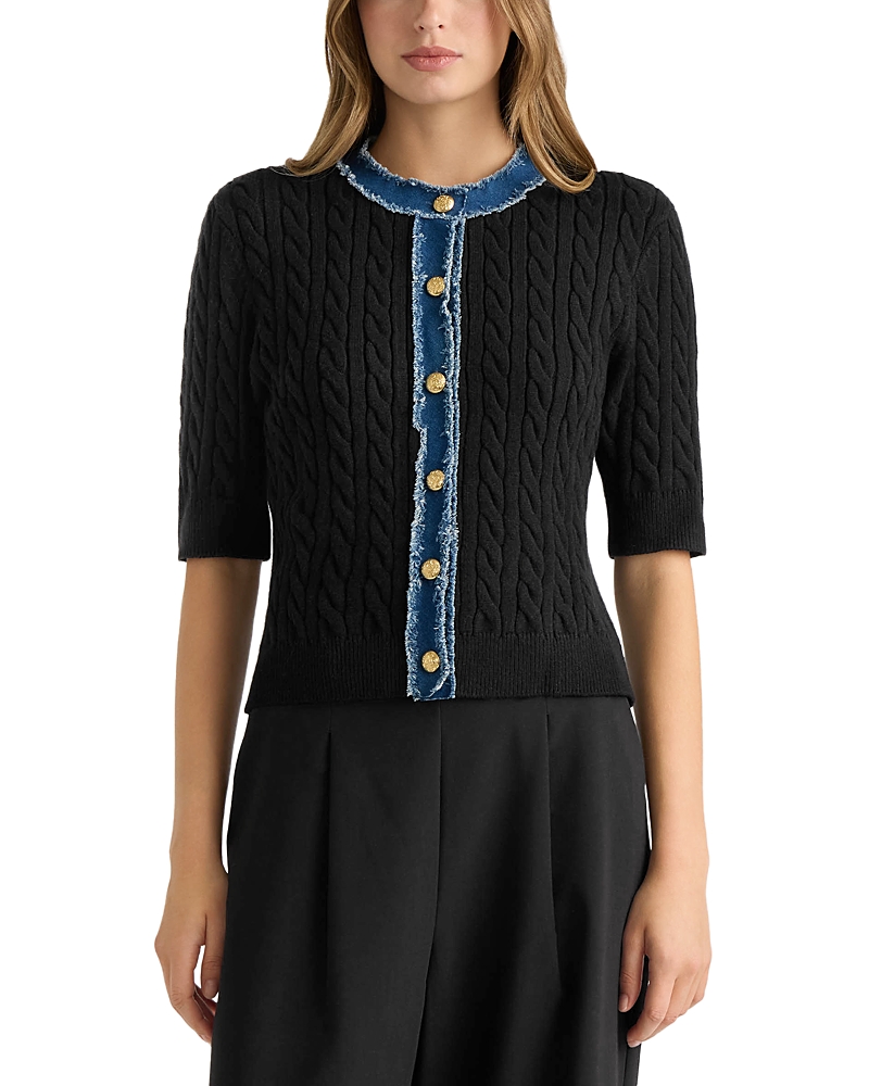 Nvlt Denim Trim Cable Knit Short Sleeve Sweater