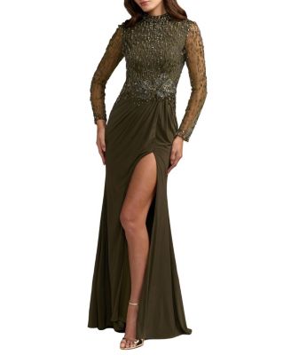 Mac Duggal Beaded Jersey Long Sleeve Column Gown