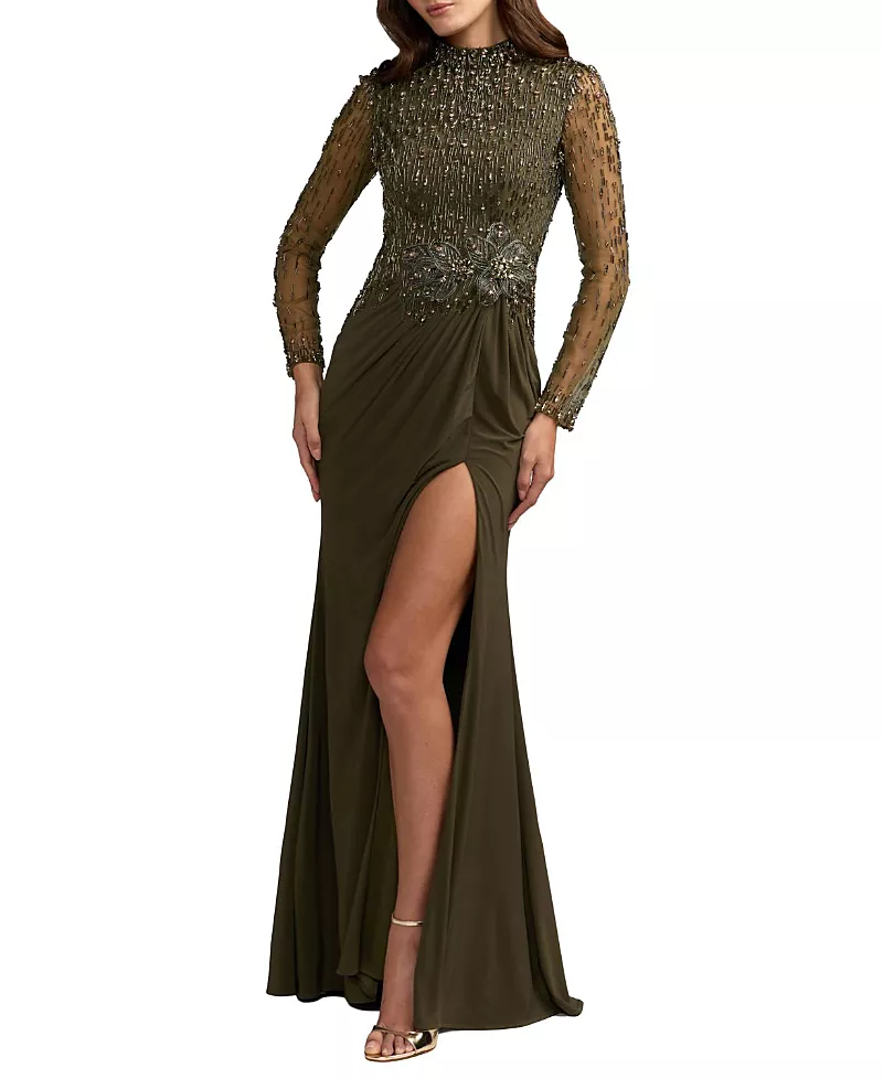 Mac Duggal Beaded Jersey Long Sleeve Column Gown