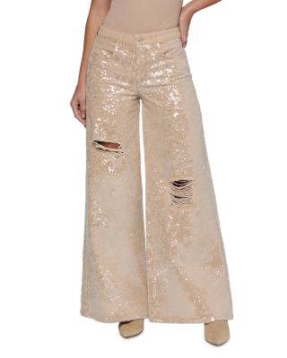 Quincy Sequin High Rise Wide Leg Jeans in Light Almond