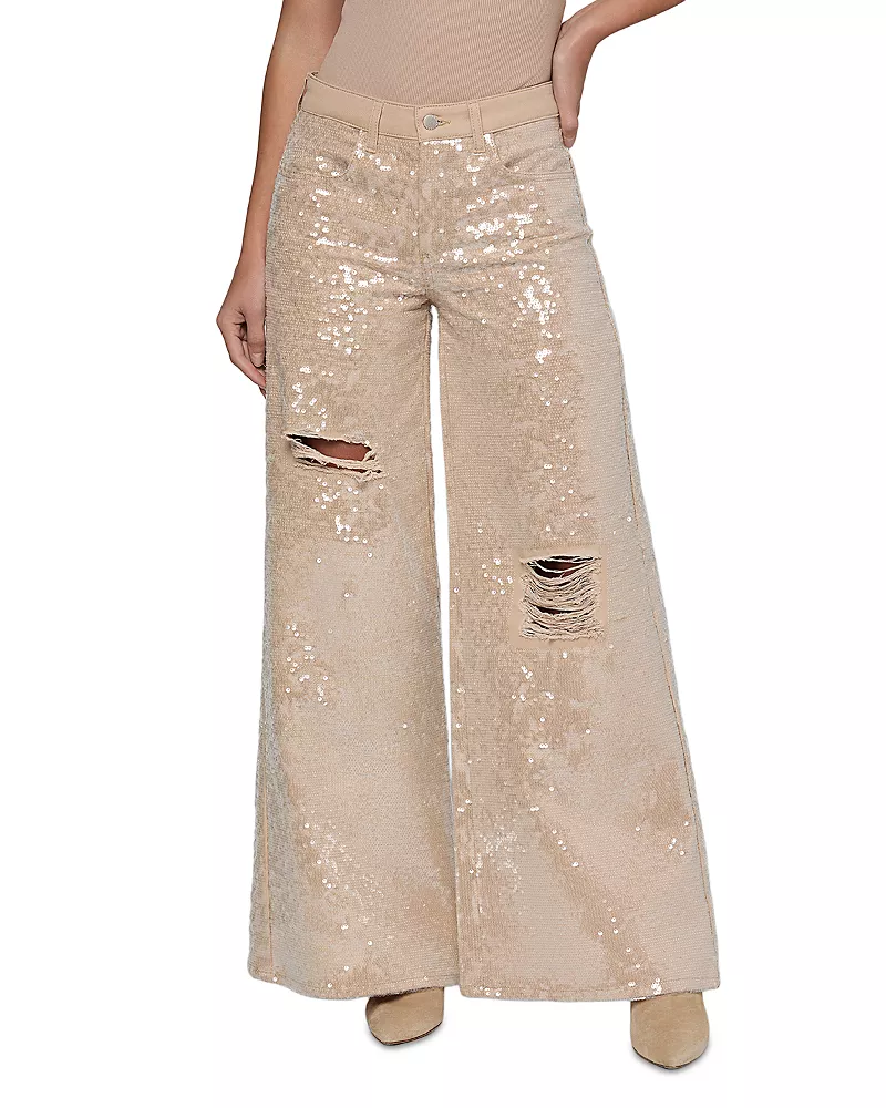 L'Agence Quincy Sequin High Rise Wide Leg Jeans in Light Almond