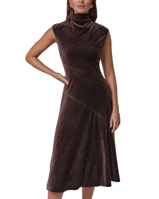 Crinkled Velvet Mock Neck A Line Dress