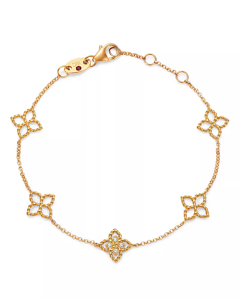 Roberto Coin 18K Yellow Gold Princess Diamond Five Flower Station Bracelet, 0.03 tcw