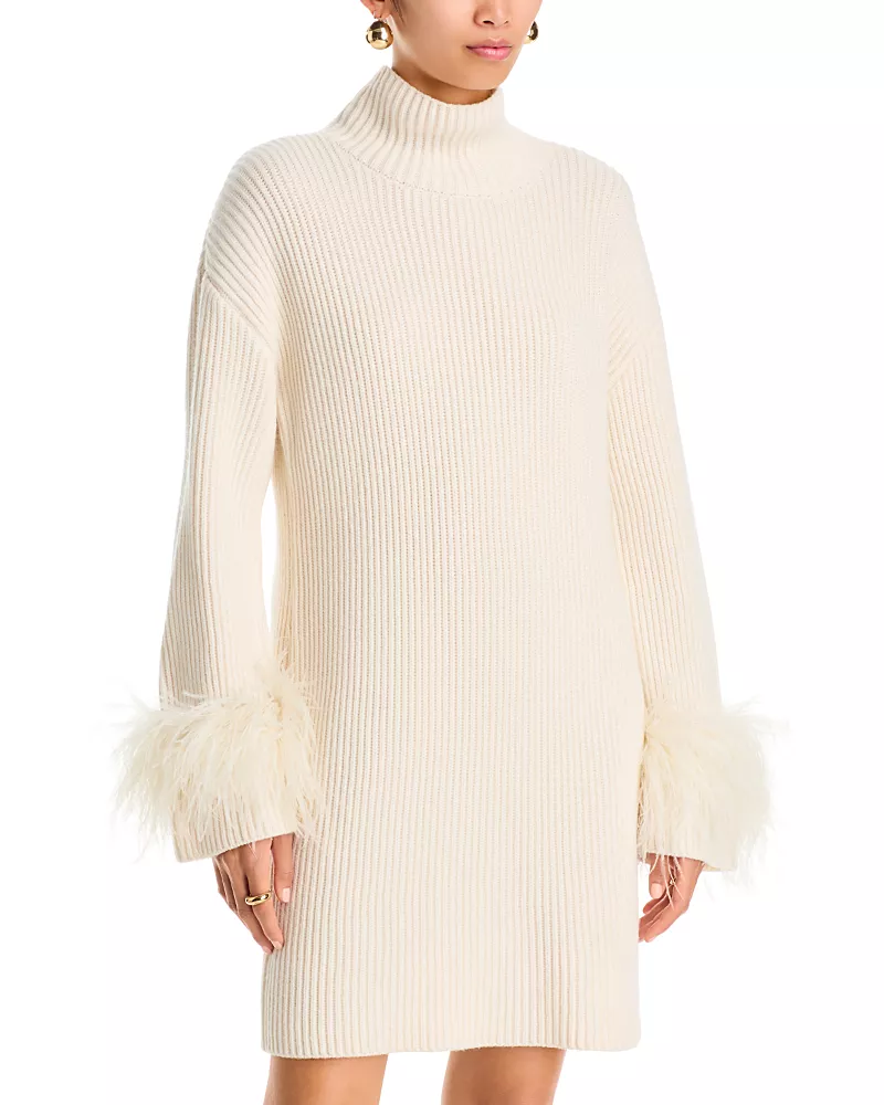 Ramy Brook Kay Turtleneck Feather Trim Sweater Dress