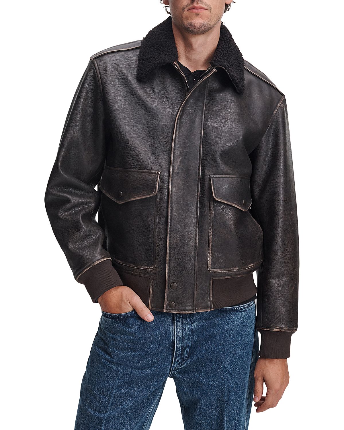 rag & bone Manston Leather Fleece Collar Flight Jacket