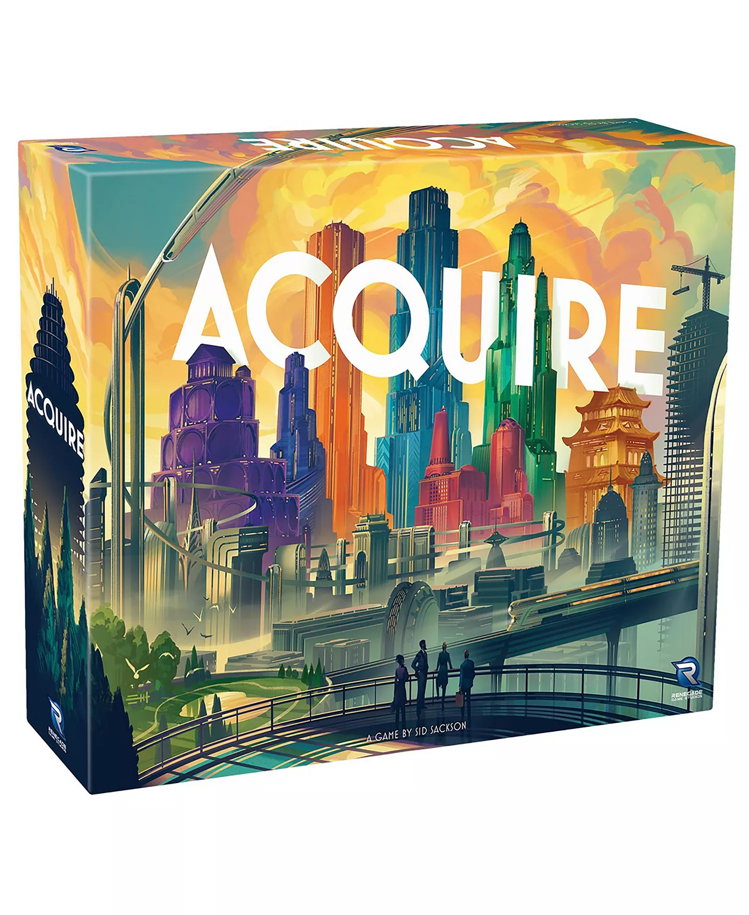 Renegade Game Studios Acquire real estate strategy board game with building tiles, stock cards, and game board