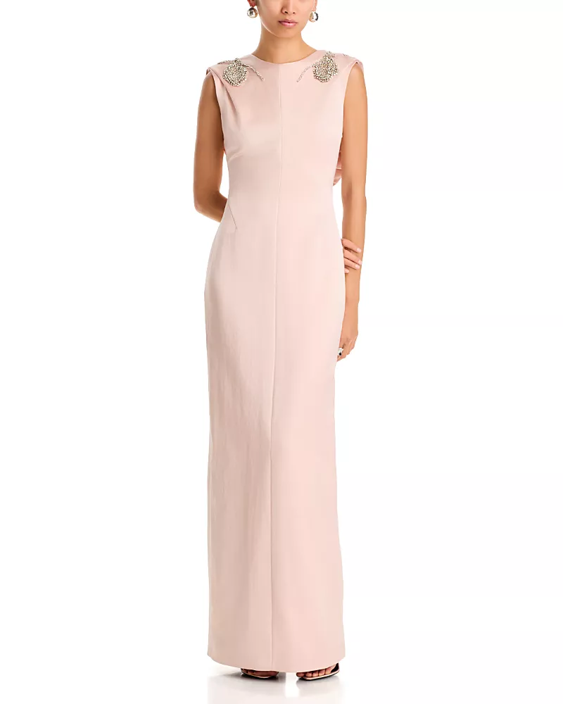 Erdem Embroidered Heavy Satin Sleeveless Draped Gown