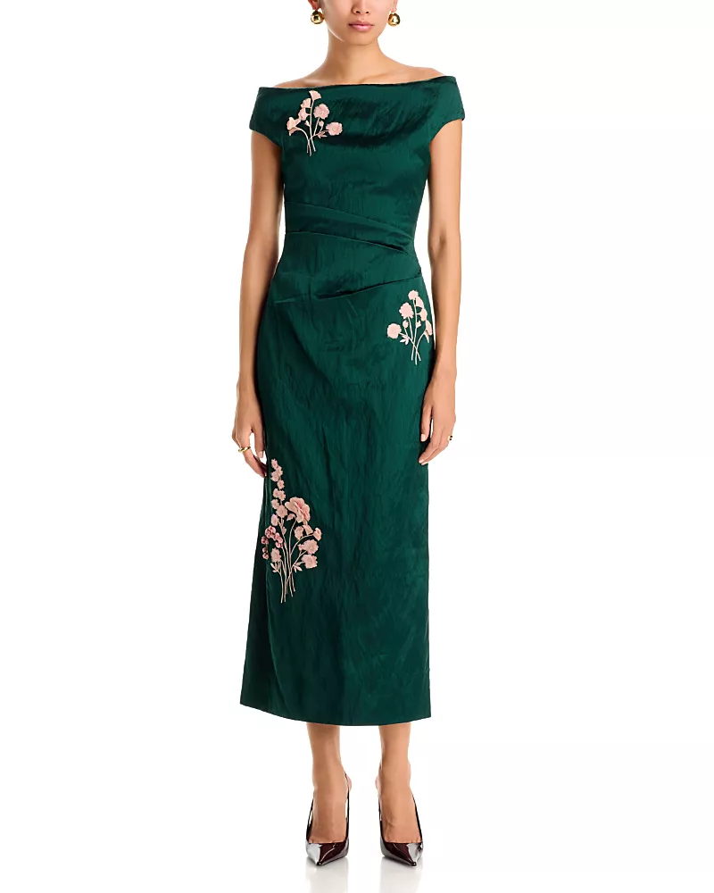 Erdem Embroidered Textured Satin Midi Pencil Dress